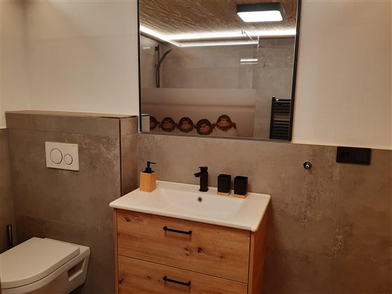 Moderní koupelna s dřevěnou komodou a umyvadlem. V pozadí je viditelná velká zrcadlová plocha a sprcha.