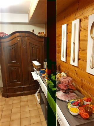 Ein gemütlicher Speiseraum mit einem Holzschrank und einer gedeckten Tafel. Auf dem Tisch sind verschiedene Lebensmittel und bunte Snacks arrangiert.