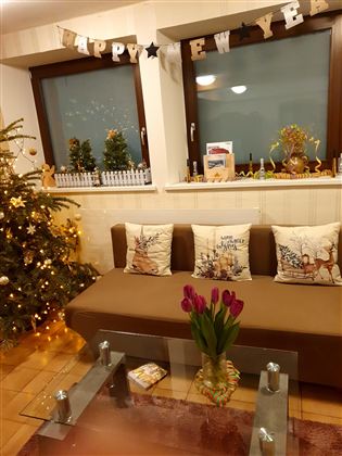 Ein gemütlicher Wohnraum mit einem Weihnachtsbaum und einem braunen Sofa. Auf dem Tisch stehen Tulpen in einer Vase, und eine Dekoration mit „Happy New Year“ hängt an der Wand.