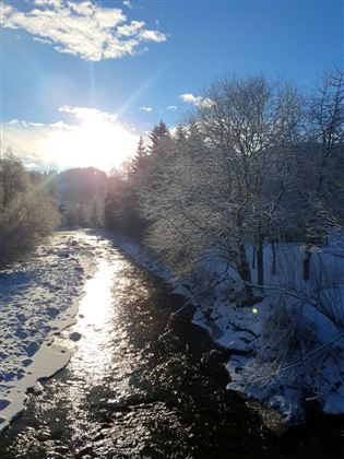 Ein klarer Fluss fließt durch eine verschneite Landschaft. Sonnenstrahlen scheinen auf das Wasser und die Bäume sind mit Schnee bedeckt.