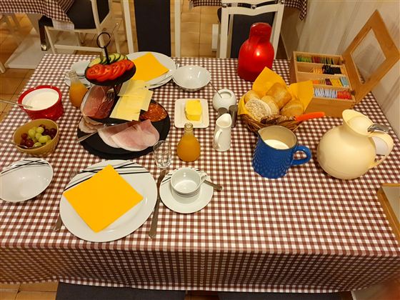 Ein gedeckter Tisch mit Frühstücksangeboten, darunter Wurst, Käse, Brötchen und frisches Obst. Die dekorierte Tischdecke ist kariert und es gibt verschiedene Getränke in bunten Behältern.