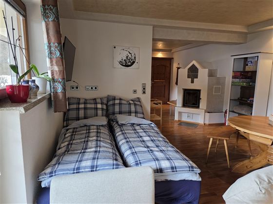 Een gezellige kamer met twee eenpersoonsbedden en een houtkachel. Er is een tafel en een plant op een vensterbank.