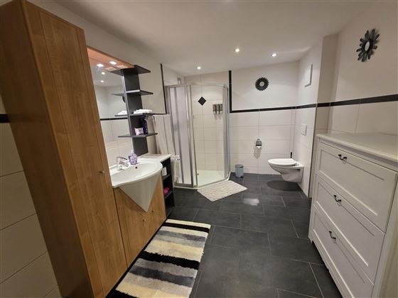 Een modern badkammer met een douche en een wastafel. De vloer is versierd met donkere tegels en een gestreepte tapijt.