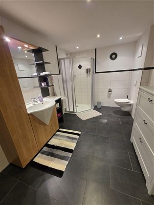 Een moderne badkamer met donkere tegels en licht houten meubilair. Er is een douche, een wastafel en een toiletruimte.