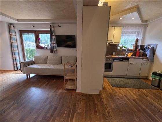 Ein helles Wohnzimmer mit einer bequemen Couch und einem Fernseher. Die angrenzende Küche ist modern und gut ausgestattet.