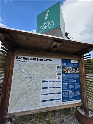 Een informatiedocument voor fietsers met een kaart en belangrijke informatie over de fietsstartplaats Hopfgarten. Op de achtergrond staat een groen fietssymbool.