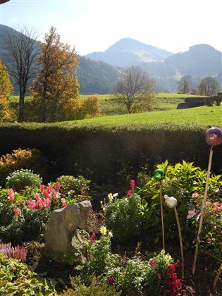 Ein blühender Garten mit bunten Blumen und einem Blick auf die hügelige Landschaft. Im Hintergrund sind Berge und ein klarer Himmel zu sehen.