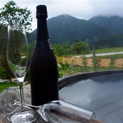 A bottle of sparkling wine stands next to two glasses on a table, with a picturesque mountain landscape in the background. The atmosphere is calm and inviting, ideal for relaxation.