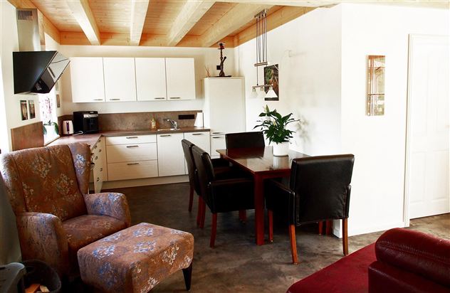 A modern kitchen with a dining area. The furniture is simple and inviting, with a plant on the table.