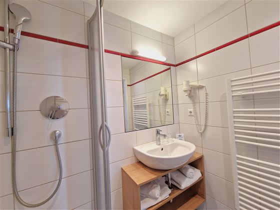 A modern bathroom with a shower and sink. The walls are tiled and there is a towel warmer.