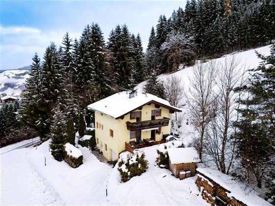 Ein charmantes Haus in einer verschneiten Landschaft, umgeben von Tannenbäumen. Die Winteratmosphäre schafft eine ruhige und malerische Szene.