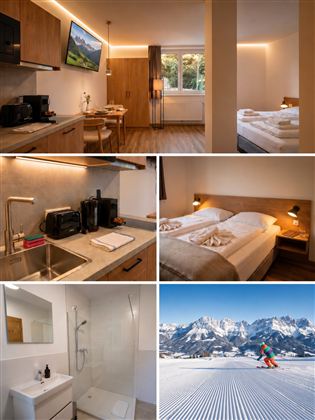 Een moderne vakantiewoning met een gezellige eetruimte en keuken. In het onderste deel zijn er slaapkamers en een sanitaire voorzieningen te zien, evenals een winterse berglandschap met een skiër.