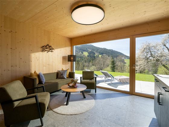 A modern living room with wooden walls and large windows. The view looks out over a green landscape with mountains in the background.