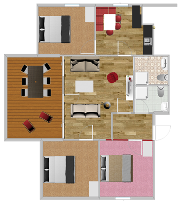 Eine moderne Wohnraumgestaltung mit mehreren Zimmern. Der Grundriss zeigt einen offenen Wohn- und Essbereich sowie zwei Schlafzimmer.
