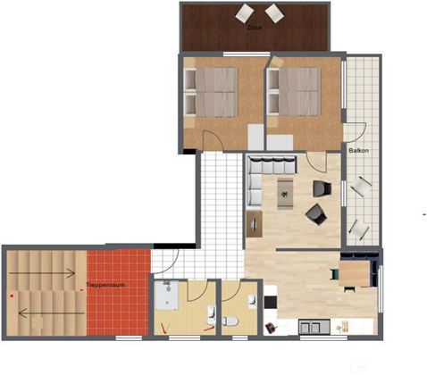 Eine Grundrisszeichnung einer Wohnung mit zwei Schlafzimmern, einem Badezimmer und einem offenen Wohnbereich. Der Balkon ist ebenfalls eingezeichnet.