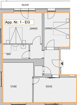 An apartment layout drawing with various rooms such as living room, kitchen, and bathroom. The apartment number is 1 and it is on the ground floor.