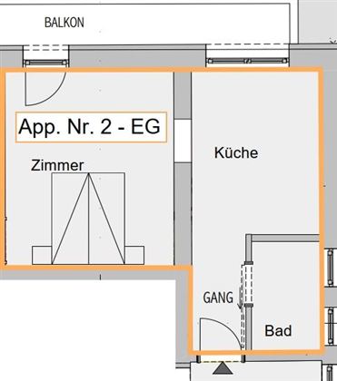 A floor plan drawing of a ground floor apartment. The rooms are labeled and show a living room, a kitchen, a bathroom, and a hallway.