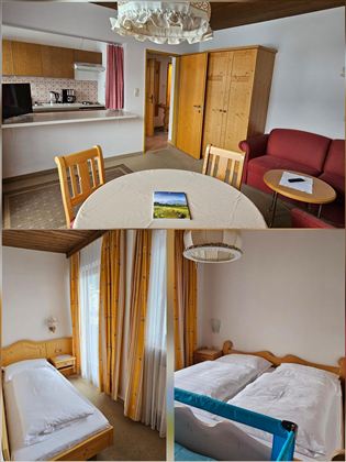Eine gemütliche Ferienwohnung mit einer offenen Küchenzeile und einem Essbereich. Im unteren Bereich sind zwei Schlafzimmer mit weißen Betten und hellem Licht zu sehen.