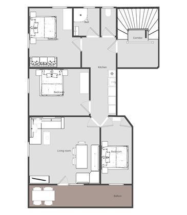 Appartement 5/ 2 Doppelzimmer+1 Dreibettzimmer