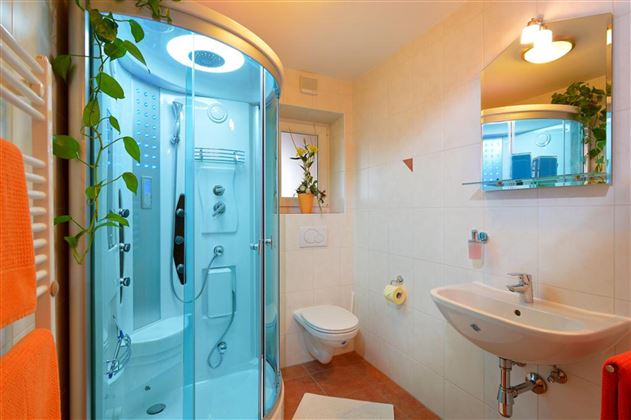 A modern bathroom with a shower cubicle and a sink. There are plants and orange towels that add a fresh accent.