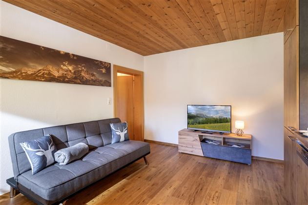 Ein modern eingerichtetes Wohnzimmer mit einem grauen Sofa und einem Fernseher auf einem Holzschrank. Die Wände sind hell und die Decke aus Holz verleiht dem Raum eine gemütliche Atmosphäre.