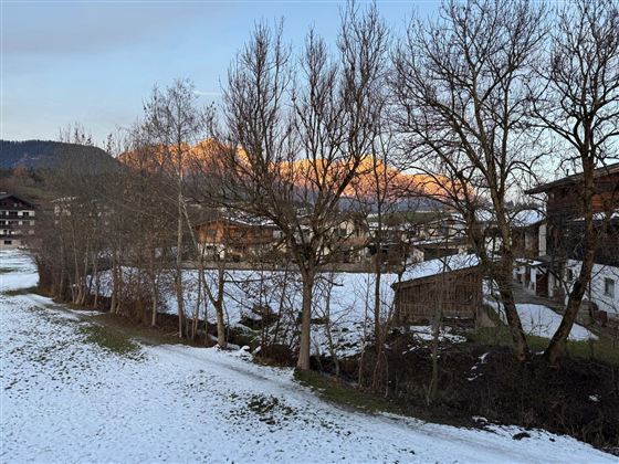 Eine winterliche Landschaft mit schneebedecktem Boden und kahlen Bäumen. Im Hintergrund sind die Berge bei Sonnenaufgang zu sehen.