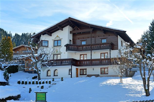 A beautiful house in the snow, surrounded by trees. The architecture is traditional and inviting.