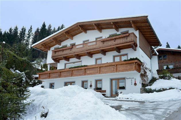 A charming holiday home in the snow with wooden balustrades and a picturesque backdrop of coniferous trees. The facade is friendly and welcoming.