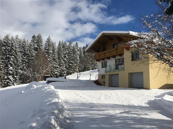 A modern house in the snow, surrounded by snow-covered trees. The sky is clear and the scene radiates winter freshness.