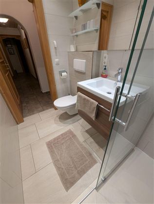 Ein modernes Badezimmer mit einer Dusche, einem Waschbecken und einer Toilette. Der Boden ist gefliest und es gibt Holzdetails an den Türen.