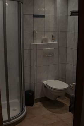 A modern bathroom with a shower, a toilet, and a sink. The walls are tiled with light-colored tiles.