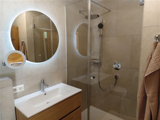 Een moderne badkamer met een glazen douche en een wastafel. De ronde spiegel met verlichting zorgt voor een heldere sfeer.