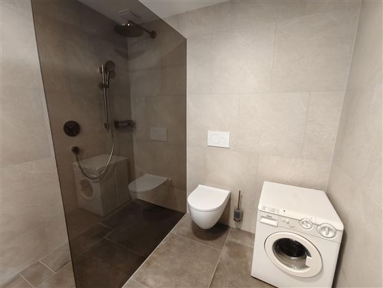 A modern bathroom with a shower, a toilet, and a washing machine. The walls are designed in light, neutral colors.