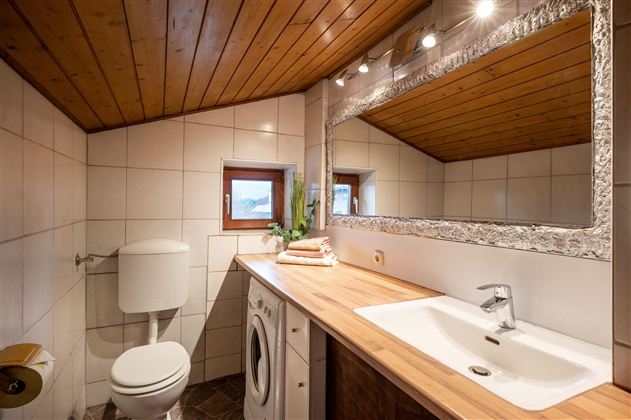 Ein Badezimmer mit Holzdecke und großen Spiegel. Es gibt ein Waschbecken, eine Waschmaschine und ein WC.