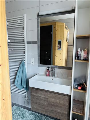 Een moderne badkamer met een wastafel en een grote spiegel. Aan de muur hangt een handdoek en er is een zichtgebied met verzorgingsproducten.