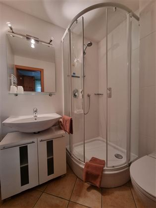 Een moderne badkamer met een glazen douchecabine en een wastafel. De muren zijn licht en de vloer is betegeld.