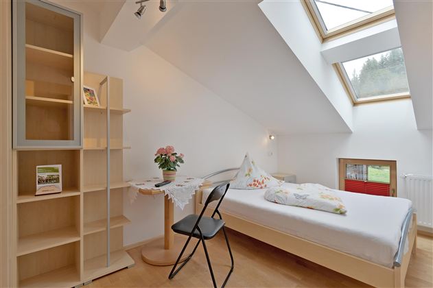 Een heldere slaapkamer met een dakraam en een comfortabel bed. Op de tafel staat een vaas met bloemen en een stoel is ernaast geplaatst.