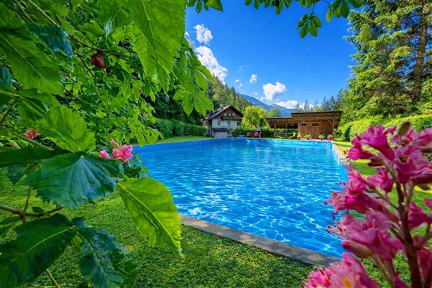 A beautiful swimming pool surrounded by trees and colorful flowers. In the background, cozy wooden houses and a clear blue sky can be seen.