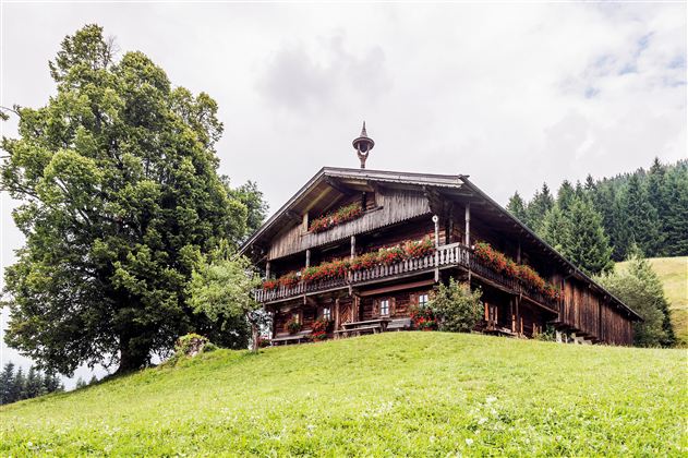 A traditional wooden house with flower boxes on a green hill. In the background, trees and a wooded landscape are visible.