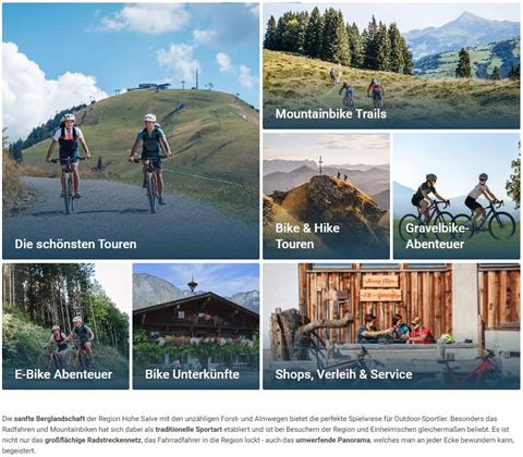 A collage of activities in the mountains featuring cyclists on various trails. The images showcase mountain biking, e-bike adventures, and options for accommodations and rentals.