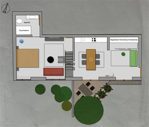 Eine Grundrisszeichnung eines Hauses mit verschiedenen Räumen, einschließlich Schlafzimmer, Küche und Wohnzimmer. Im Außenbereich sind einige Pflanzen dargestellt.