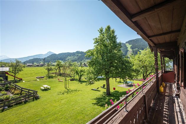 Een mooi uitzicht op een groene weide met bomen en bergen op de achtergrond. De zon schijnt en de lucht is helder.