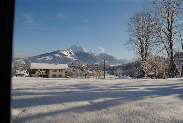 A snowy landscape with an impressive mountain in the background. In the foreground, there is a house and there are sporadic trees.