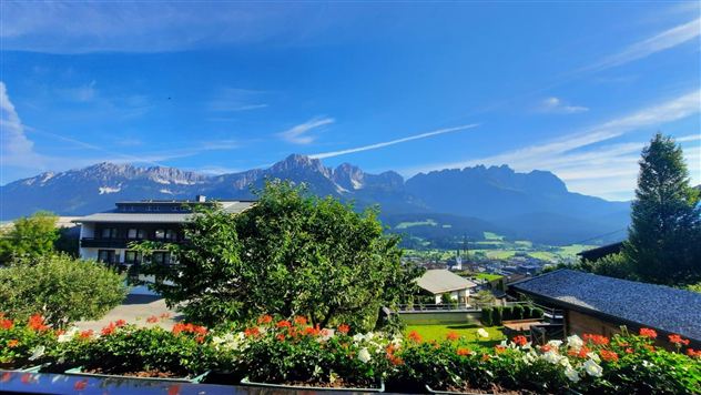 A beautiful view of the mountains with a clear blue sky. In the foreground, colorful flowers and lush green thrive.