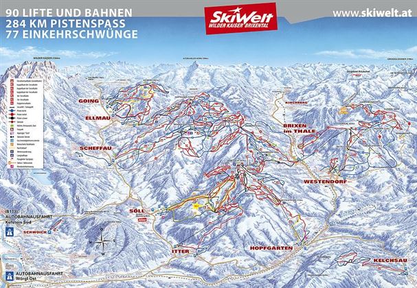 Eine Karte des Skigebiets SkiWelt mit 90 Liften und 284 km Pisten. Die Region bietet zahlreiche Abfahrten und Hütten für Wintersportler.