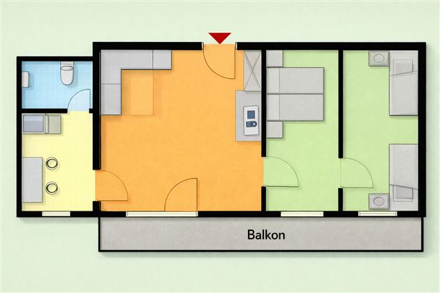Eine einfache Grundrisszeichnung einer Wohnung mit drei Zimmern. Der Balkon ist am unteren Rand vermerkt.