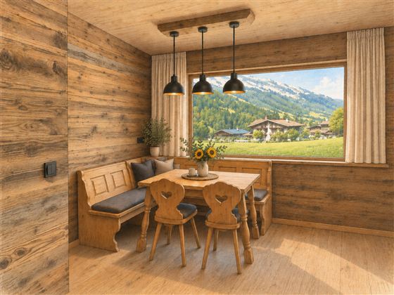 Unser gemütlicher Essbereich im Appartement Bergnest zwoa.