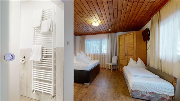A cozy room with a wooden ceiling, a double bed, and a single bed. On the left side, there is a modern bathroom with a towel radiator.