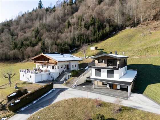 Zwei moderne Häuser in einer grünen Berglandschaft. Die Umgebung ist ruhig mit Bäumen und einer klaren, offenen Fläche.