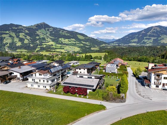 A picturesque landscape with green hills and charming houses. In the background, impressive mountains rise under a clear blue sky.